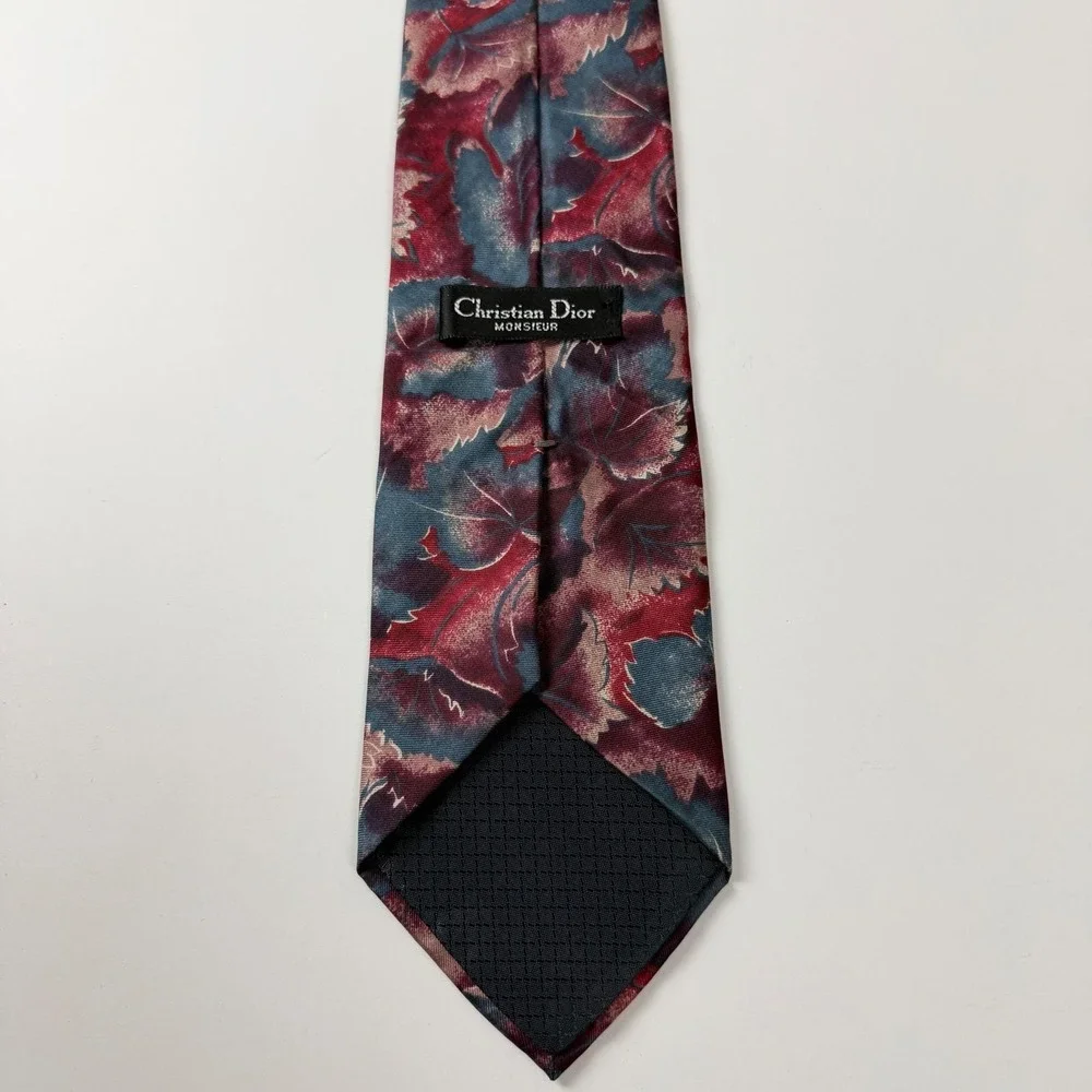 Vintage Christian Dior Monsieur Burgundy Teal Leaf Pattern Silk Tie‎ USA